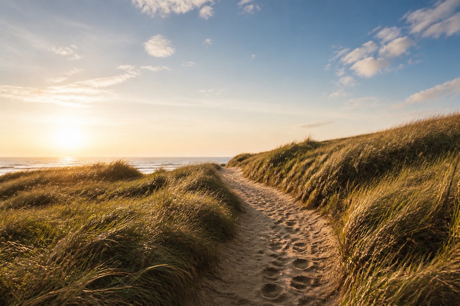 A clear path through coastal grass toward the horizon
