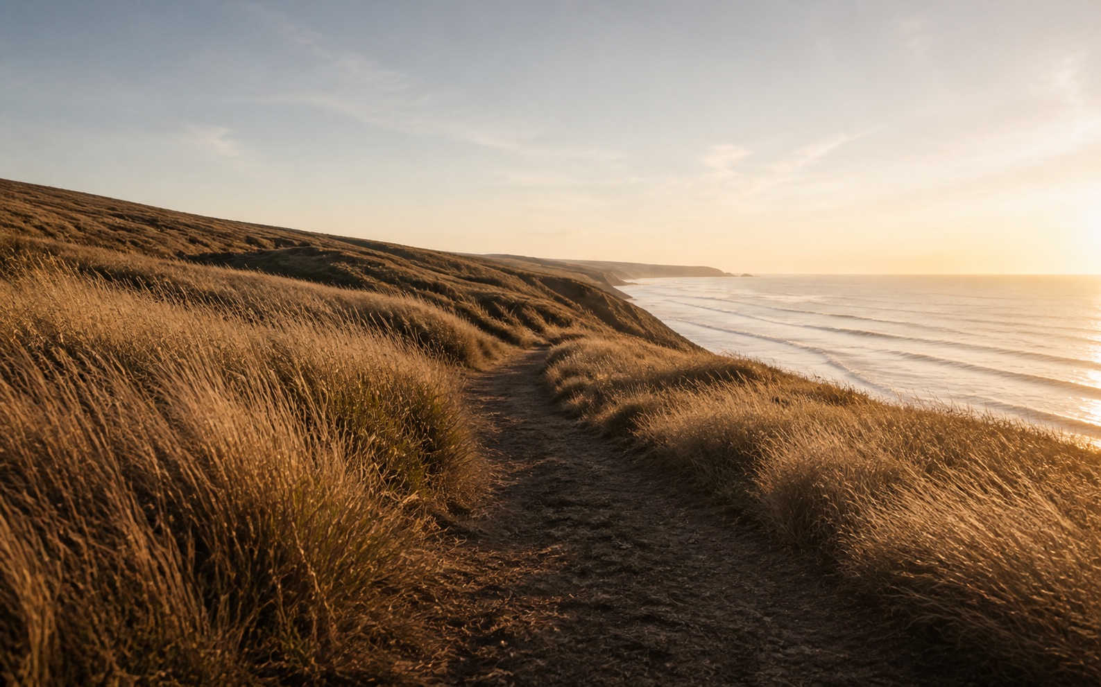 A coastal trail opening through sunlit wild grass toward the sea