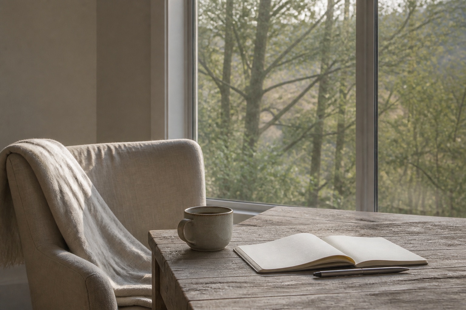 A quiet window-side space with a journal and tea