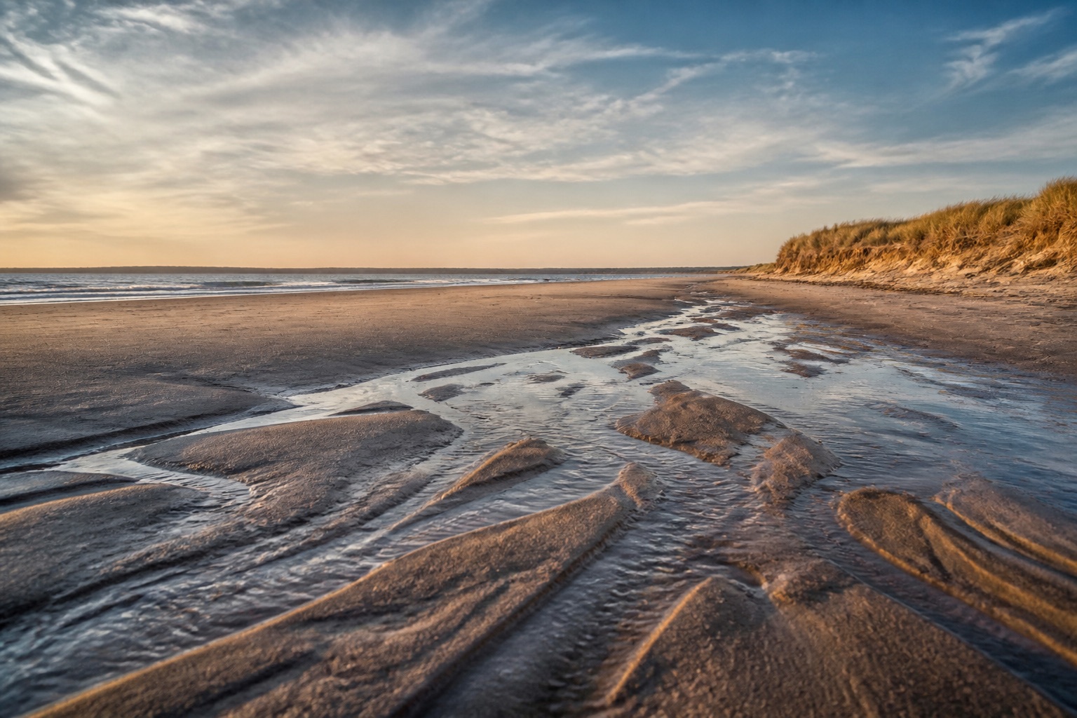 Tidewater tracing patterns across a quiet shoreline